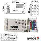 Controlador musical p/fita led RGB 12/24V 9A c/comando AVIDE