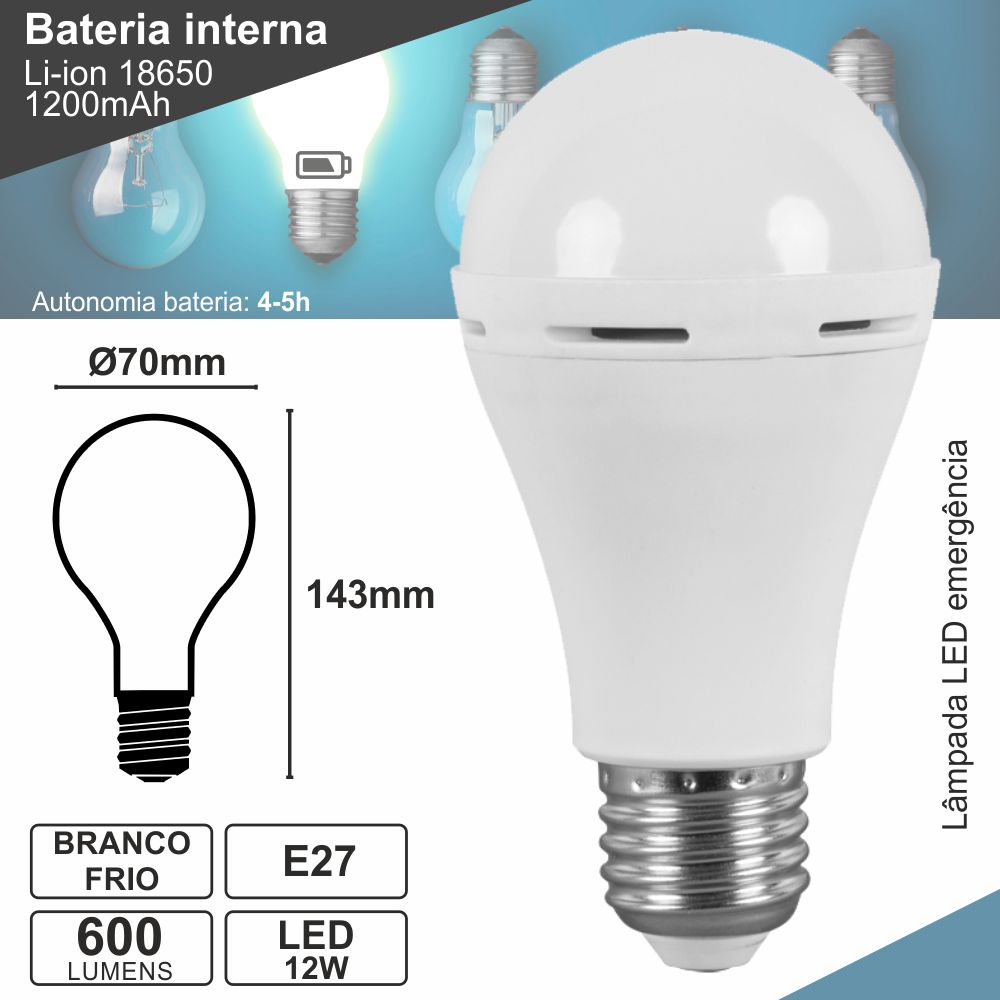 Lampada led E27 de emergência 12W branco natural