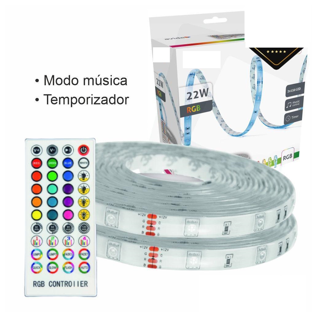 Kit led RGB 12V 2X5M IP65 22W 2.2W/MT c/comando e controlo musica