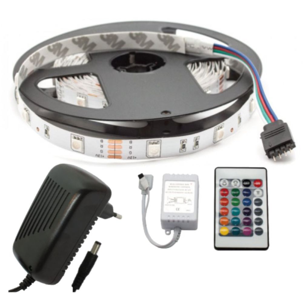 Kit fita led RGB 5050 IP20 12V 5MT c/control e alimentador PROK