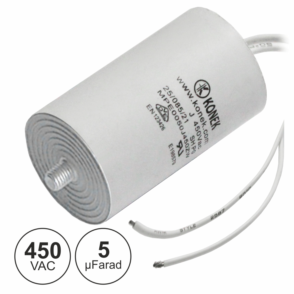 Condensador de arranque 5uf 450V + terra c/fios 