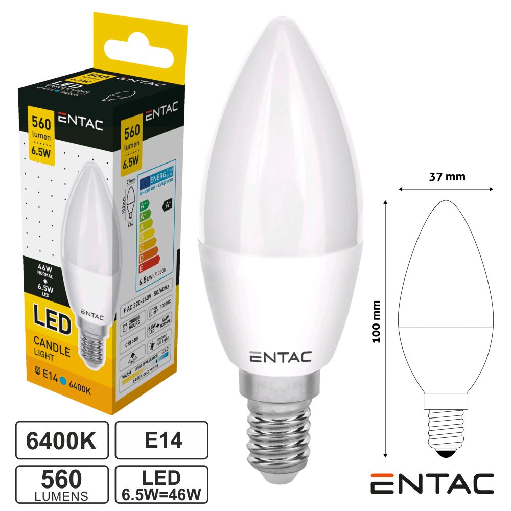 Lampada led chama E14 6.5W 6400K branco frio ENTAC