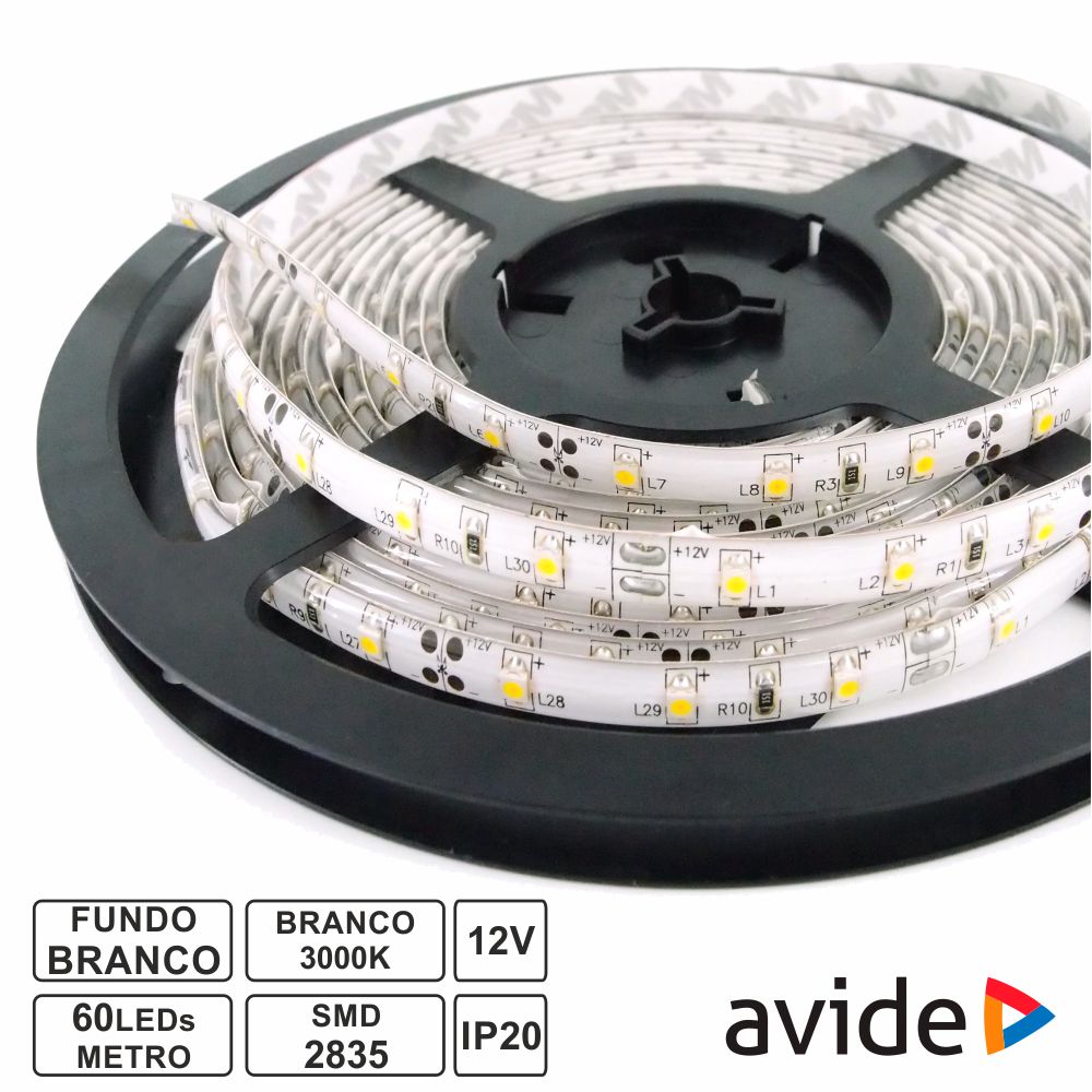 Fita led 12V 4.8W/m 2835 3000K IP20 branco quente AVIDE