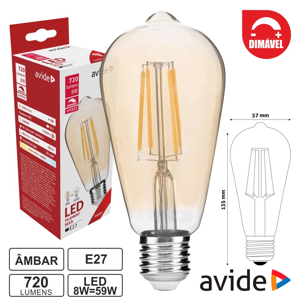 Lampada led E27 dimável filamento 8W 2400K 720Lm AVIDE