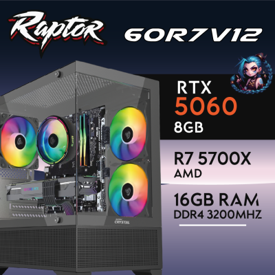 RAPTOR-60R7V12 - RTX 5060 8GB | RYZEN7 5700X | 2 x RAM 8GB DDR4 3200 CL22 | SSD SATA 512GB 550/500 | W11P 