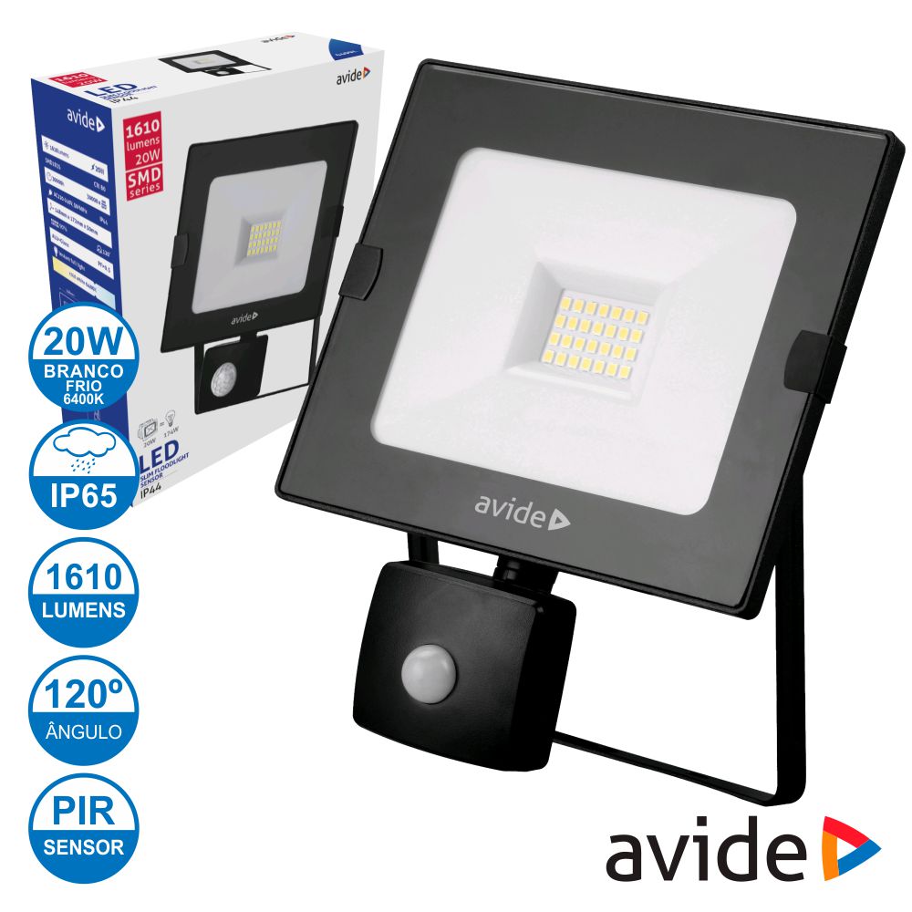 Projetor led 20W 230V c/sensor IP65 6400K branco frio AVIDE