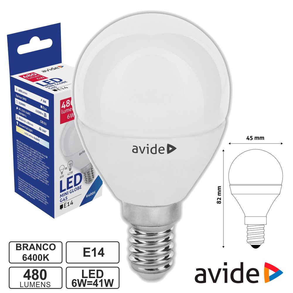 Lampada led esferica 6W E14 branco frio Avide