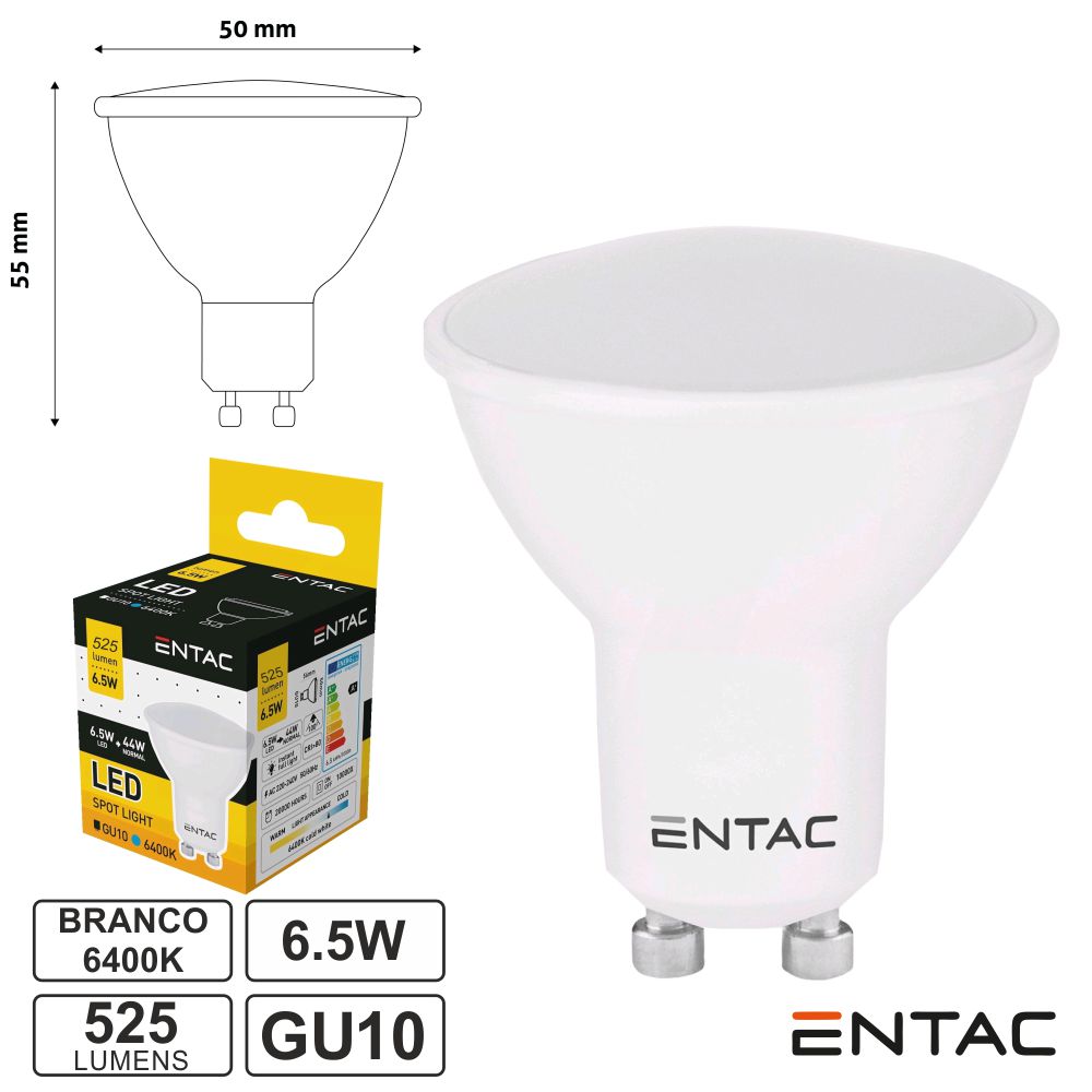 Lampada led GU10 6.5W 230V 6400K branco frio ENTAC