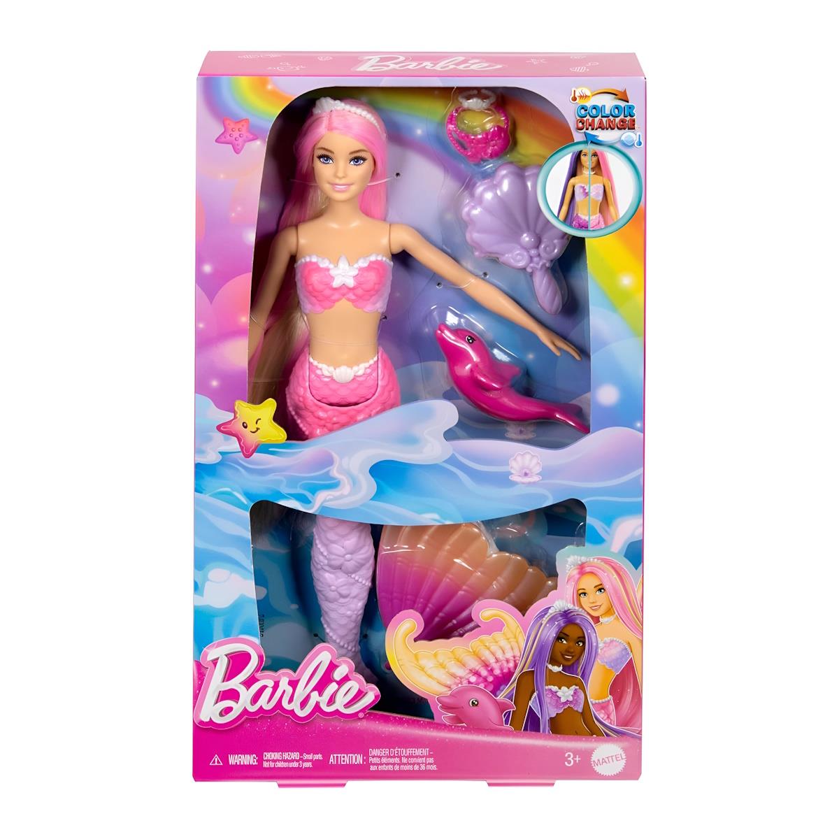 Barbie - Boneca sereia de mudança de cor com golfinho e acessórios 