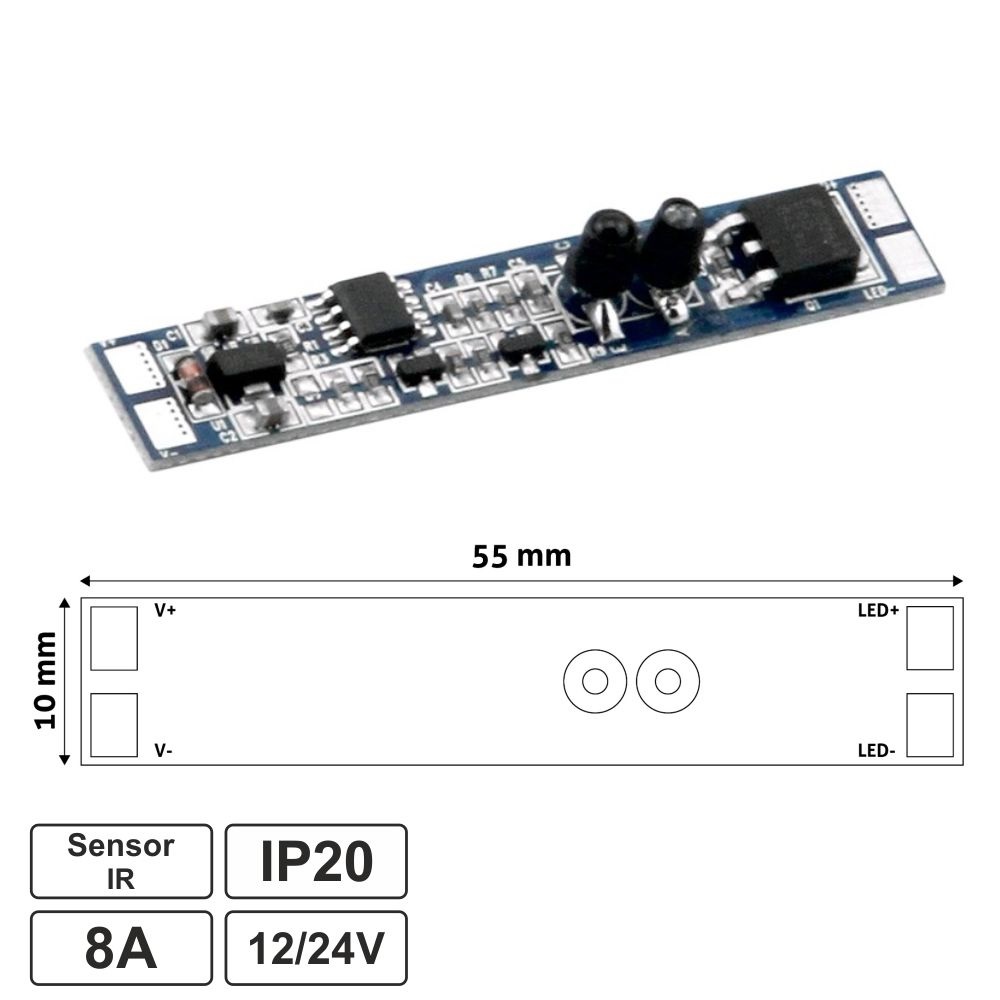 Controlador mini c/sensor para fita led 12/24V 8A 