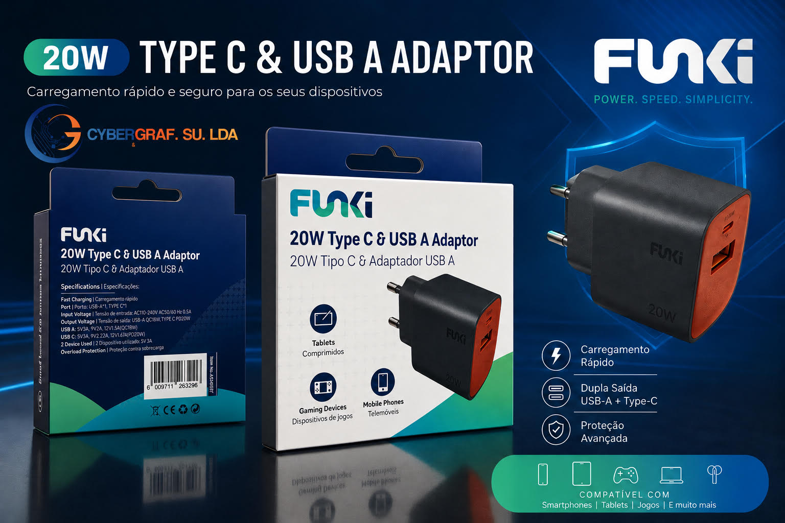 ADAPTADOR DE CARREGADOR TIPO C & USB 20W