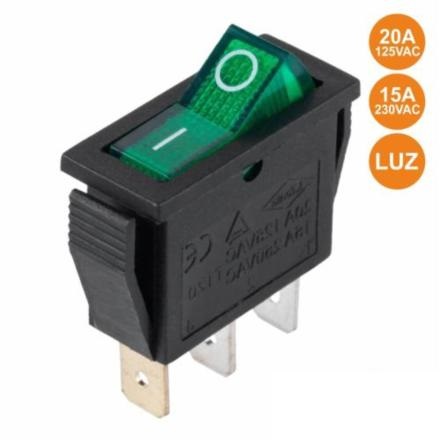 Interruptor basculante verde 15A 250V c/ luz  SPST ON-OFF