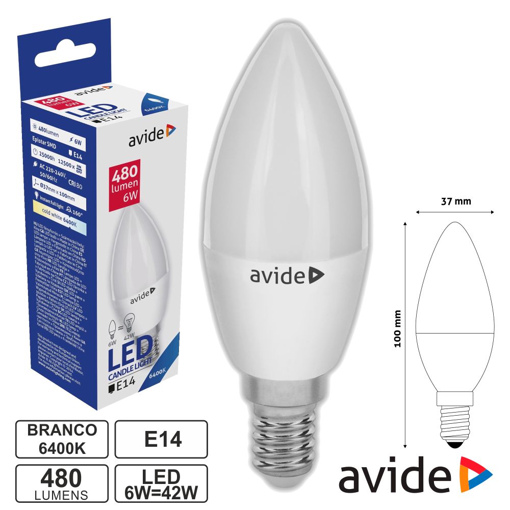 Lampada led chama 6W E14 6400K branco frio Avide