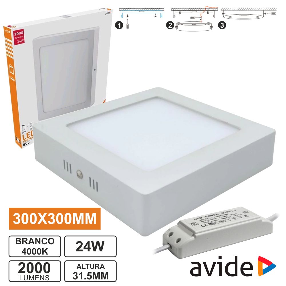 Painel led quadrado superfície 24W 4000K branco natural AVIDE