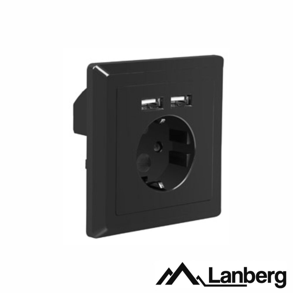 Tomada schuko 2P+T com 2 portas USB preto LANBERG