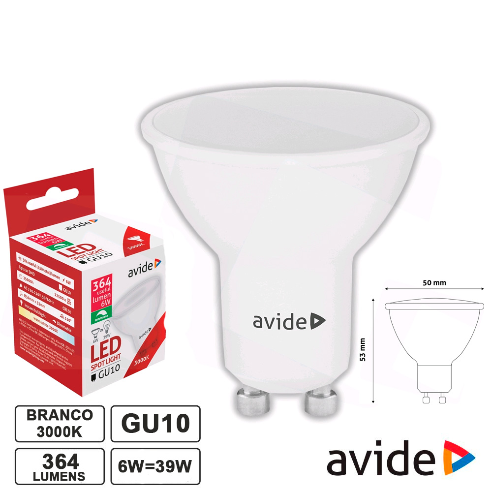 Lampada led GU10 dimável 6W 230V 3000K branco quente Avide