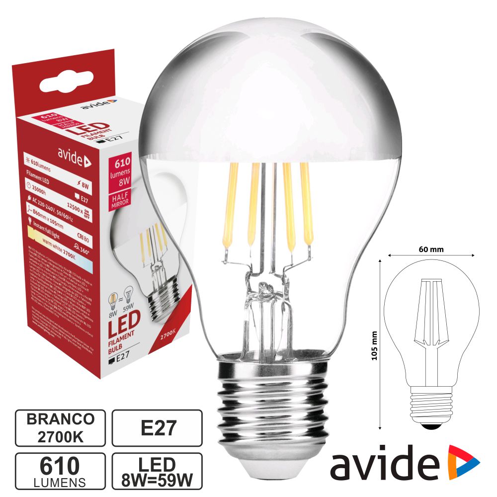 Lampada led E27 7.5W filamento espelhado 2700K branco quente AVIDE