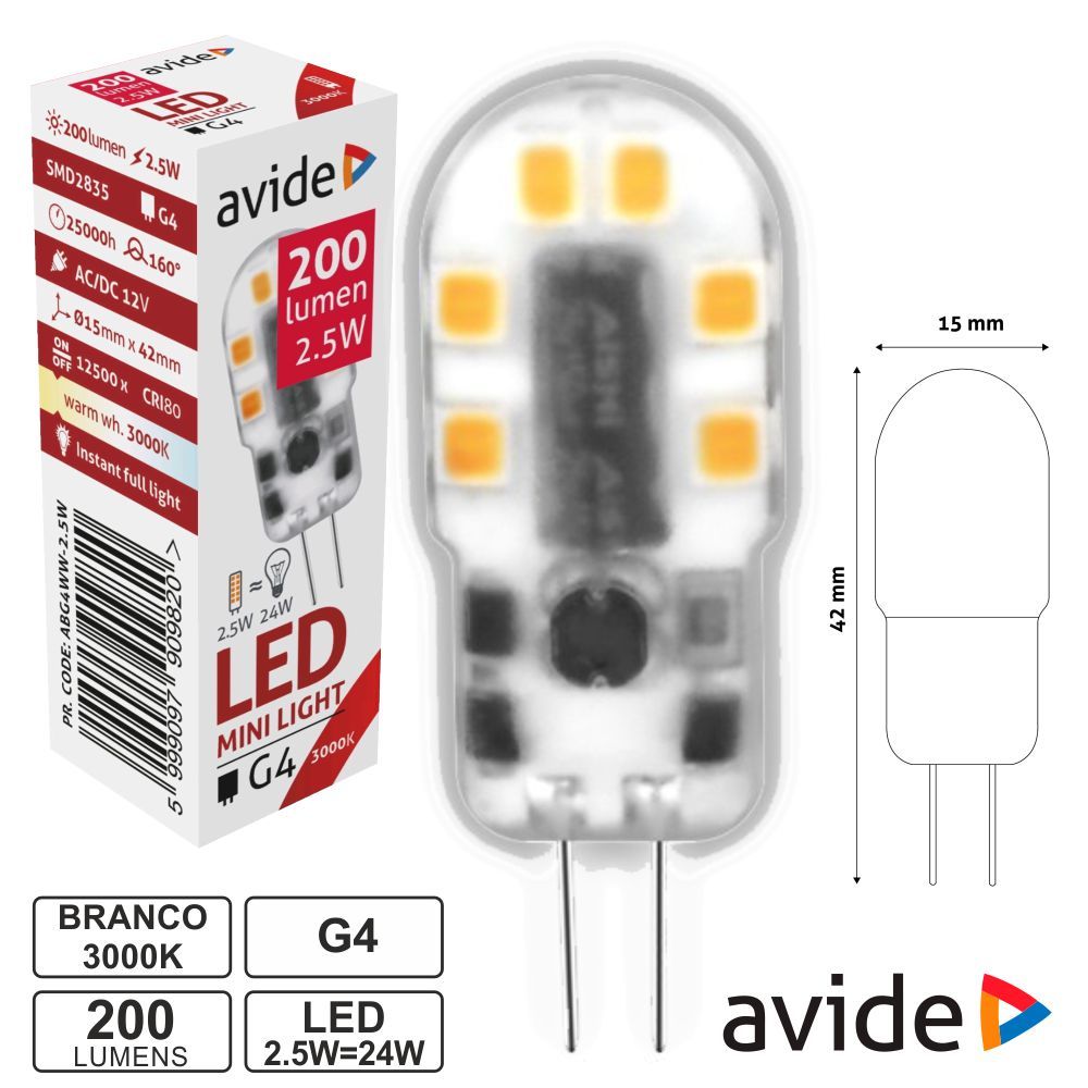 Lampada led G4 2.5W 12V 3000K 200Lm AVIDE