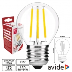 Lampada led 4W E27 esferica filamento branco quente Avide