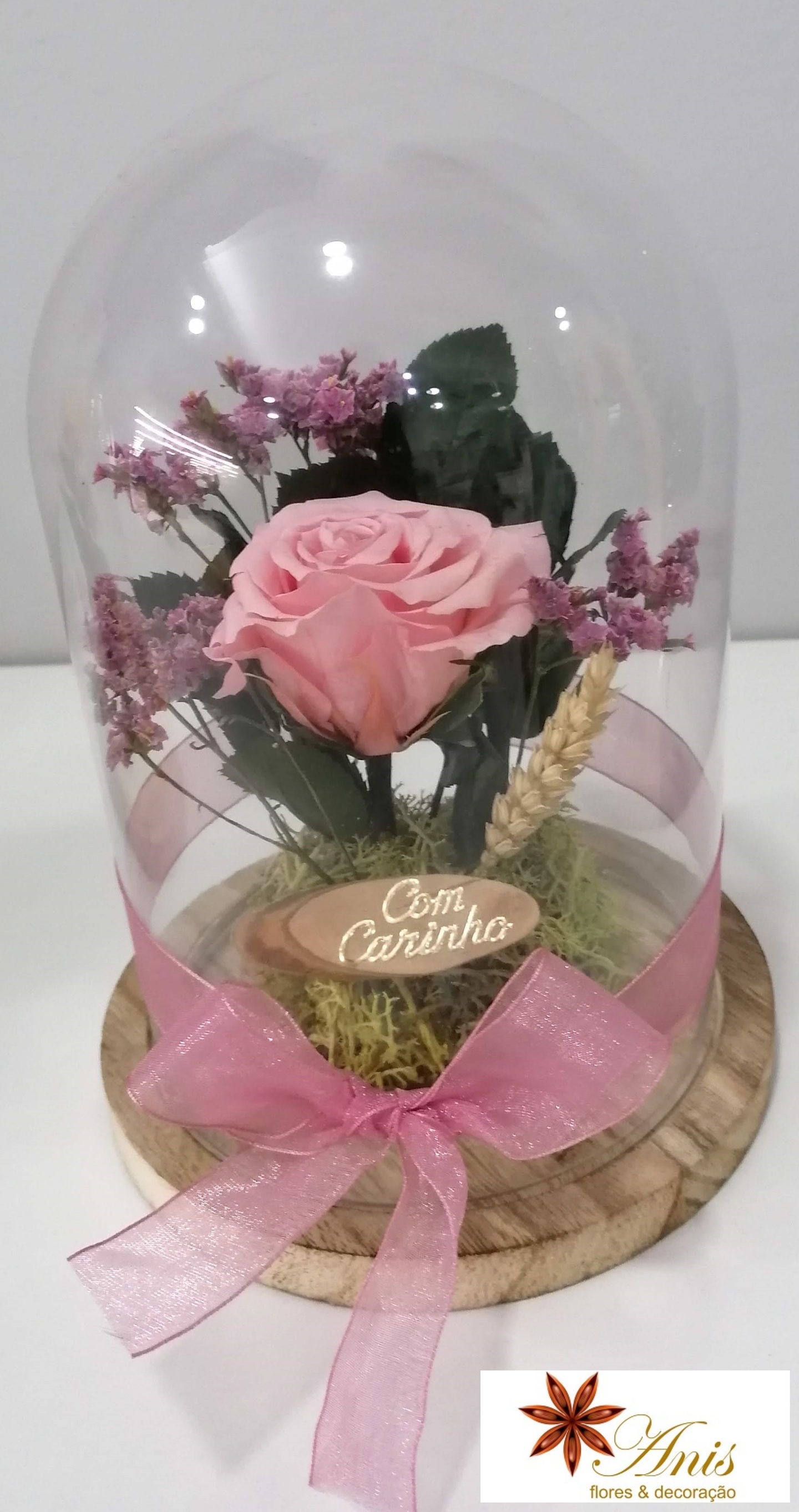 Cúpula de vidro com rosa natural preservada - Anis - Flores & Decoração