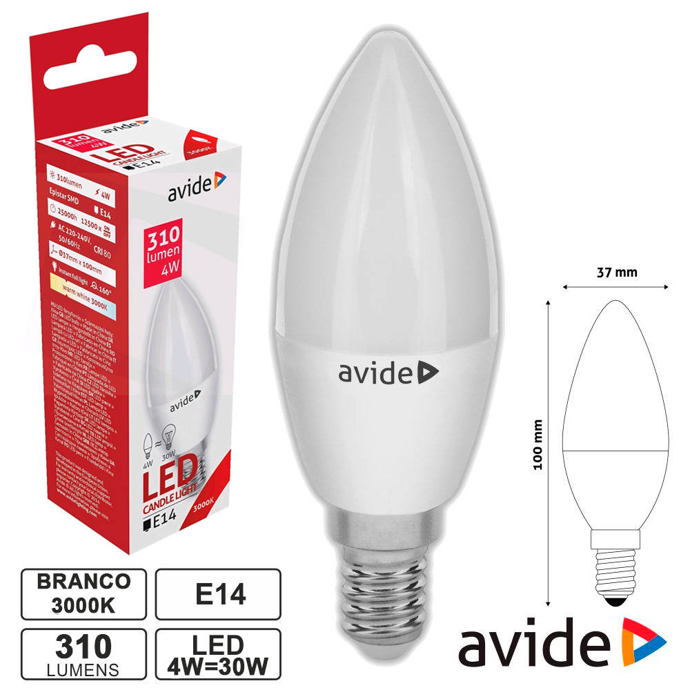 Lampada led chama 4W E14 3000K branco quente Avide