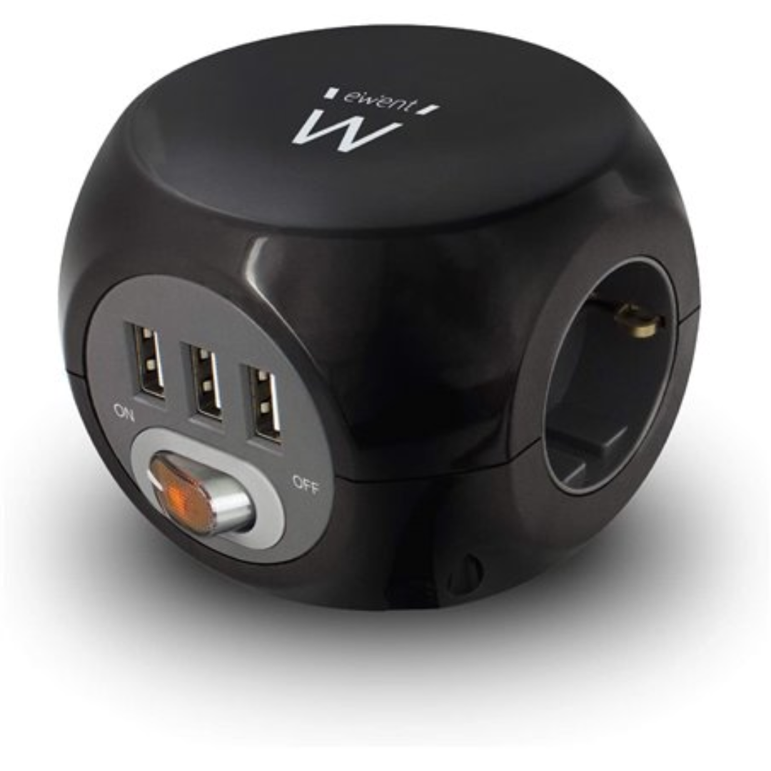 BLOCO DE 3 TOMADAS COM 3 PORTAS USB, on/off, CABO DE 1.5m