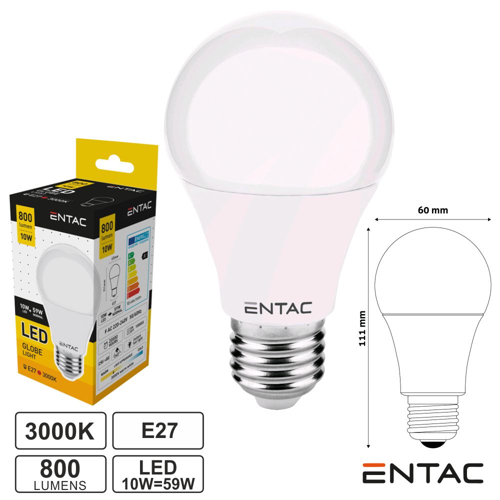 Lampada led E27 G60 10W 230V Branco quente ENTAC