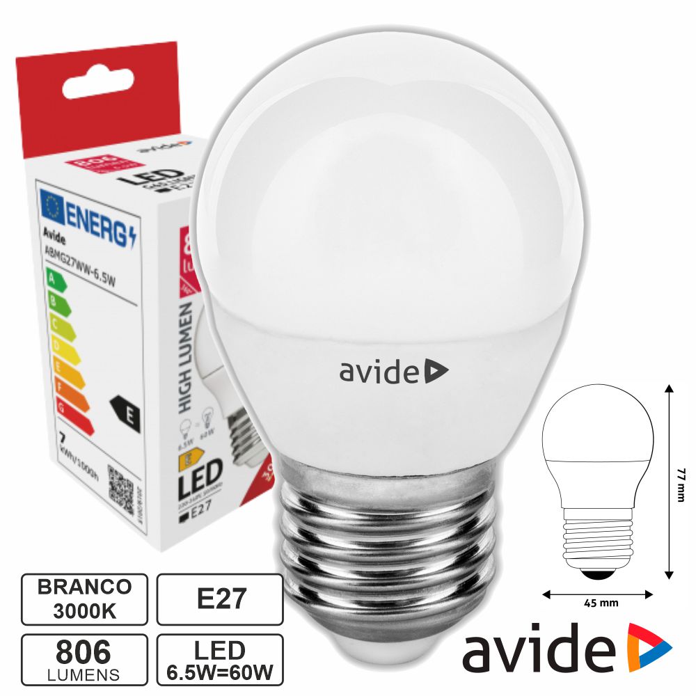 Lampada led esferica E27 6W branco quente Avide