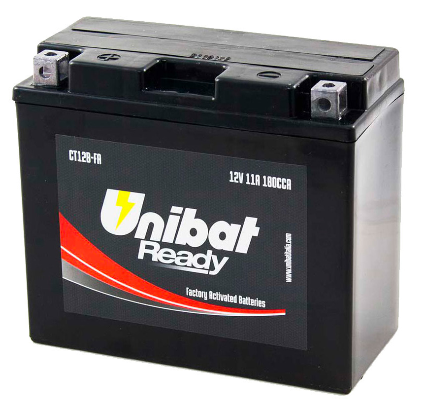 Bateria Unibat Ready CT12B-FA, 11A, CCA 180A, polaridade LH, 151x70x130mm (Ducati Y2K - em diante), bateria AGM lacrada de fábrica, sem manutenção